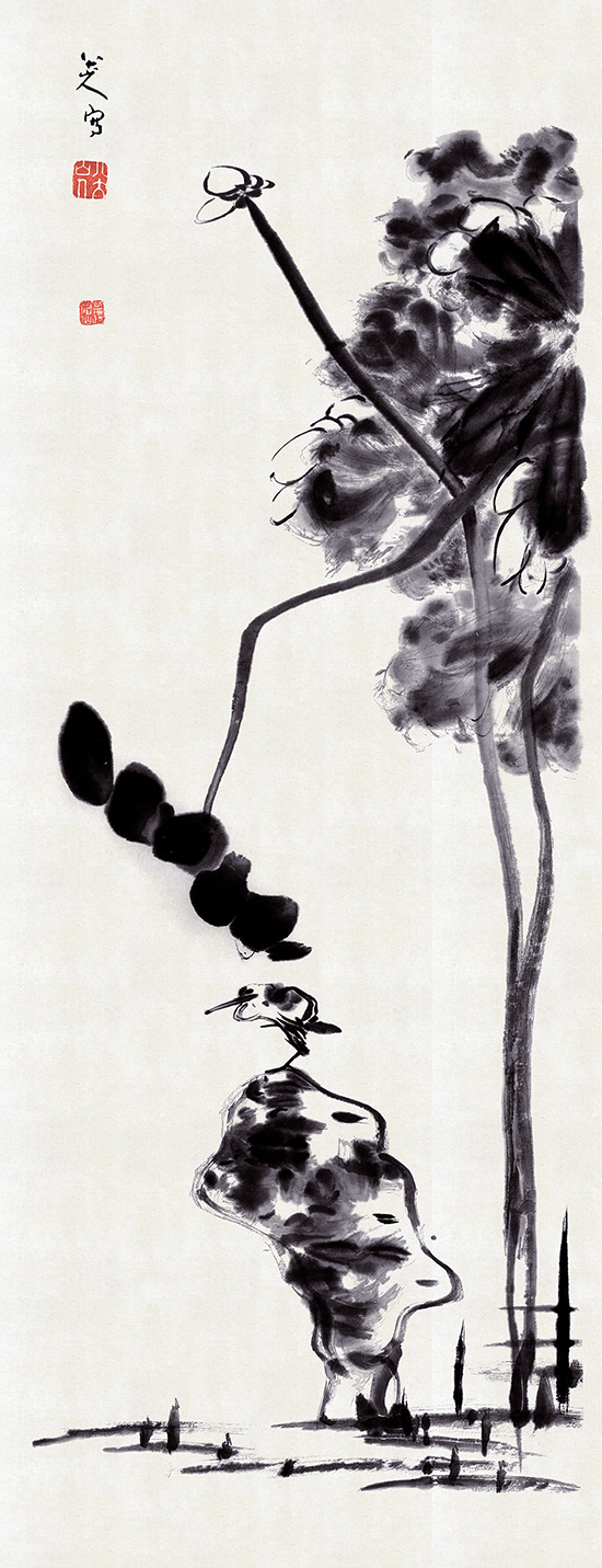 明 八大山人 朱耷 荷花小鸟图轴纸本138x53