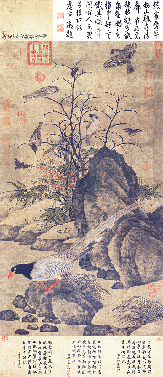 《山鹧棘雀图》:黄居寀笔下的自然灵韵与古朴风华 绢本97 x 53.6