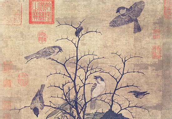 《山鹧棘雀图》:黄居寀笔下的自然灵韵与古朴风华 绢本97 x 53.6