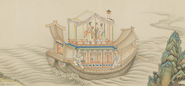 摹顾恺之洛神图卷.清.丁观鹏.纸本设色.587.5cm×28.1cm.台北故宫博物院藏