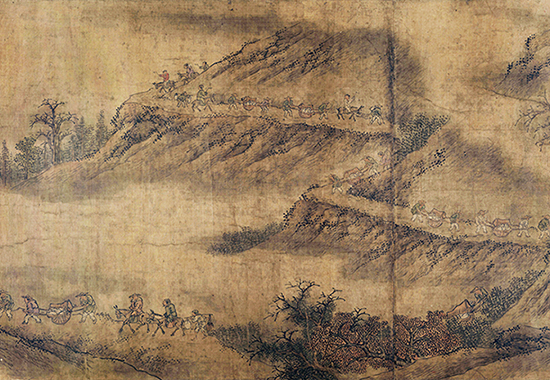 北宋（燕文贵款）《扬鞭催马送粮忙图》描绘老百姓为前线军队送军粮的场面
