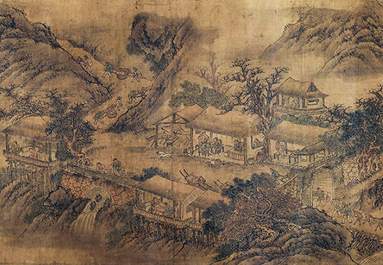 北宋（燕文贵款）《扬鞭催马送粮忙图》描绘老百姓为前线军队送军粮的场面
