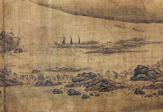 北宋（燕文贵款）《扬鞭催马送粮忙图》描绘老百姓为前线军队送军粮的场面