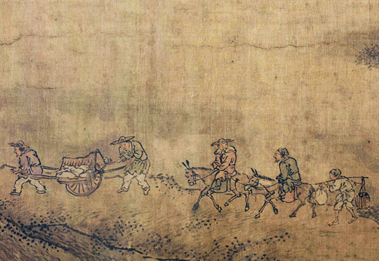 北宋（燕文贵款）《扬鞭催马送粮忙图》描绘老百姓为前线军队送军粮的场面
