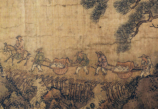 北宋（燕文贵款）《扬鞭催马送粮忙图》描绘老百姓为前线军队送军粮的场面