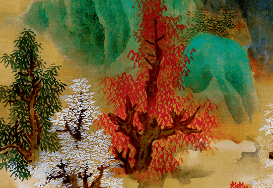 明 蓝瑛 《白云红树图》青绿重色画 设色绚丽 对比强烈