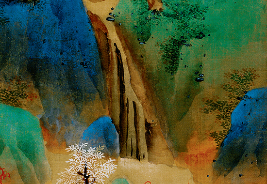 明 蓝瑛 《白云红树图》青绿重色画 设色绚丽 对比强烈