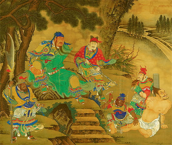明 商喜 《关羽擒将图》 刚劲流畅，顿挫有力，色彩红绿金粉，鲜艳夺目。