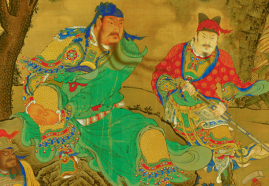 明 商喜 《关羽擒将图》 刚劲流畅,顿挫有力,色彩红绿金粉,鲜艳夺目。
