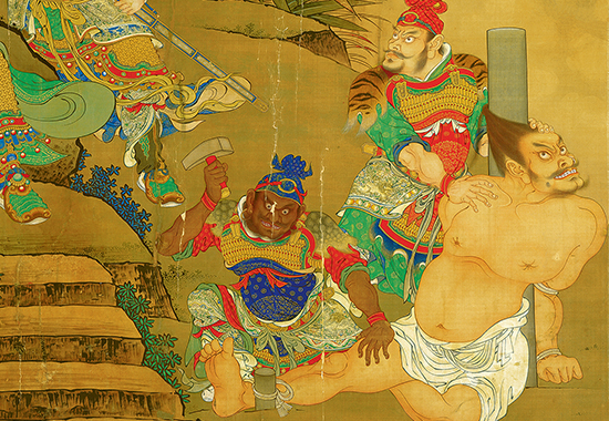 明 商喜 《关羽擒将图》 刚劲流畅,顿挫有力,色彩红绿金粉,鲜艳夺目。