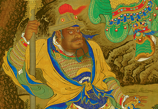 明 商喜 《关羽擒将图》 刚劲流畅,顿挫有力,色彩红绿金粉,鲜艳夺目。