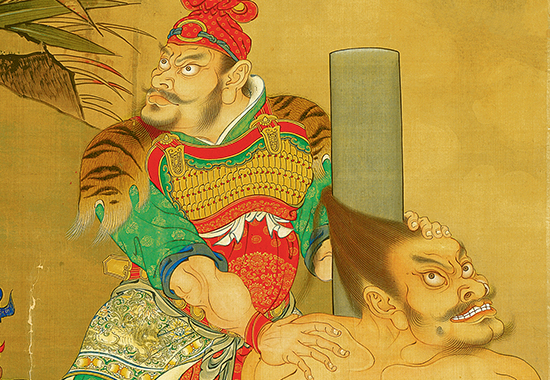 明 商喜 《关羽擒将图》 刚劲流畅,顿挫有力,色彩红绿金粉,鲜艳夺目。