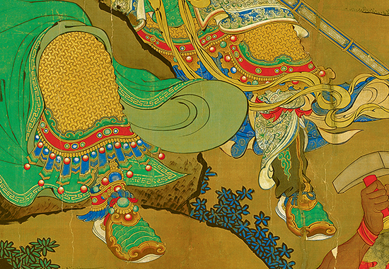 明 商喜 《关羽擒将图》 刚劲流畅,顿挫有力,色彩红绿金粉,鲜艳夺目。