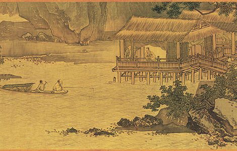 明 唐寅《溪山鱼隐图》全卷绢本30.0×610 画风苍古 设色明艳 笔墨清雅 揉合南北二宗