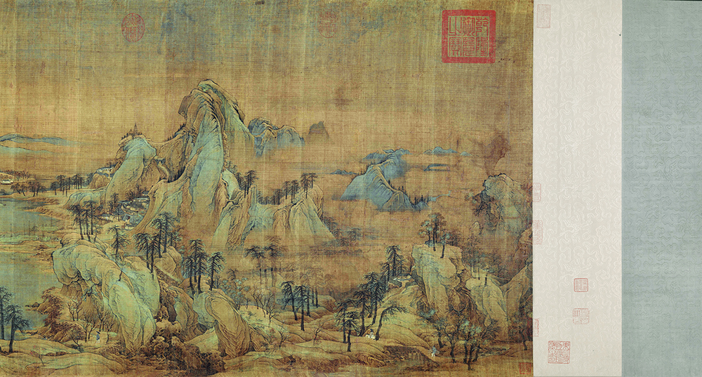 南宋 赵伯驹 《江山秋色图卷》典雅、富丽、精致的全景青绿山水画杰作 绢本