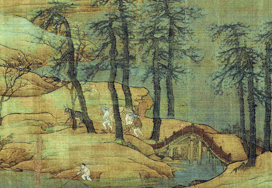 南宋 赵伯驹 《江山秋色图卷》典雅、富丽、精致的全景青绿山水画杰作 绢本