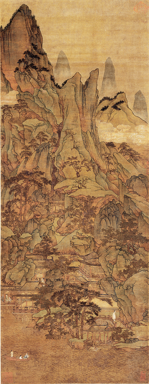 元 胡廷晖《春山泛舟图轴》绢本 青绿山水 色彩绚丽 构图繁密 兼具高远、深远、平远之法