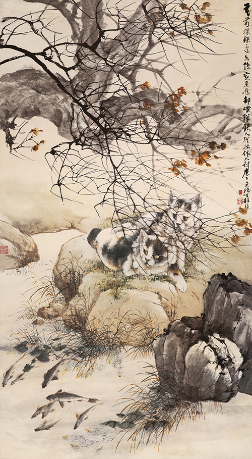 清 程璋 《双猫窥鱼图》用笔圆润，敷色典雅，形象生动，颇具神韵