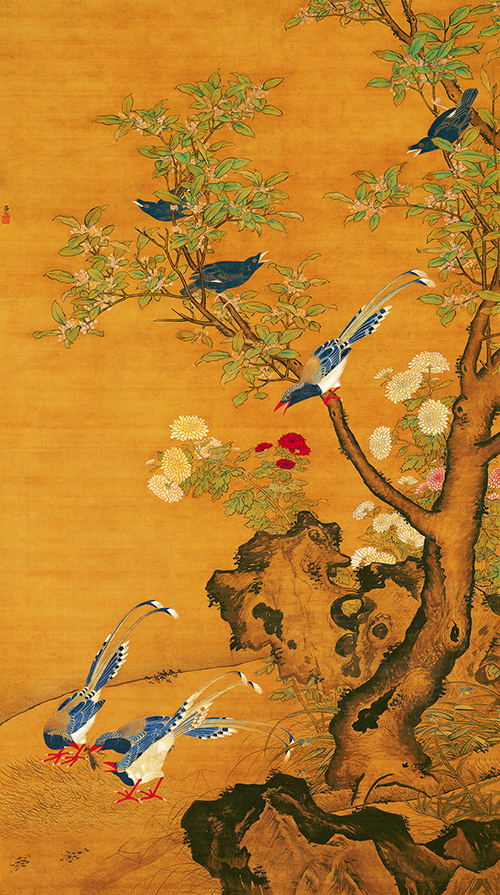 明 吕纪《桂菊山禽图》绢本 皇家艺术和审美旨趣，营造欢乐华美的意境