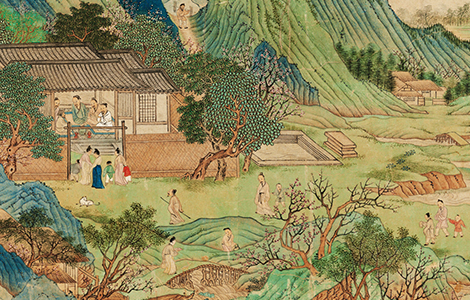 明 仇英《桃源图卷》纸本 明代青绿山水画的代表作之一 传统青绿山水的富丽堂皇