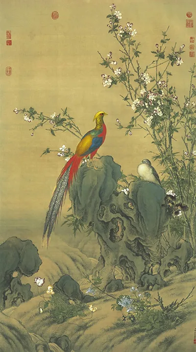 花鸟CP的春日限定:看郎世宁《锦春图》如何把“吉祥”画进绢布里的配图-墨韵书香